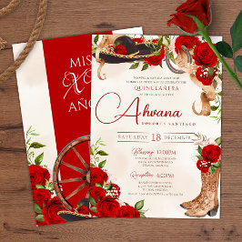 Convites Rosa vermelha Vintage Charro Western Quinceanera