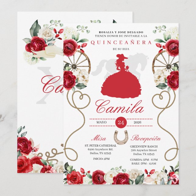 Convites Rosa vermelha Western Mariachi Charro Quinceañera (Frente/Verso)