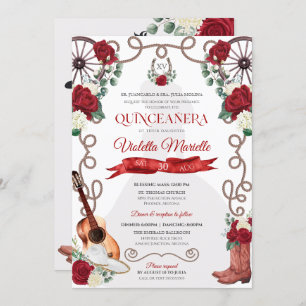 Convites Rosa vermelha Western Quinceanera Elegante Charro