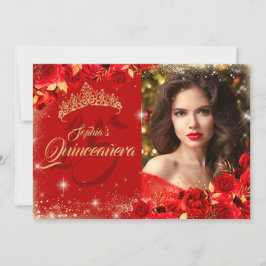 Convites Rosa Vermelho Dourado Quinceanera Floral Foto 