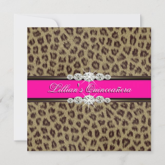 Convites Rosa Vibrante de Leopardo para Quinze Ano (Frente)