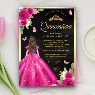 Convites Rosa Vibrante Floral Borboleta Preto Dourado Quinc