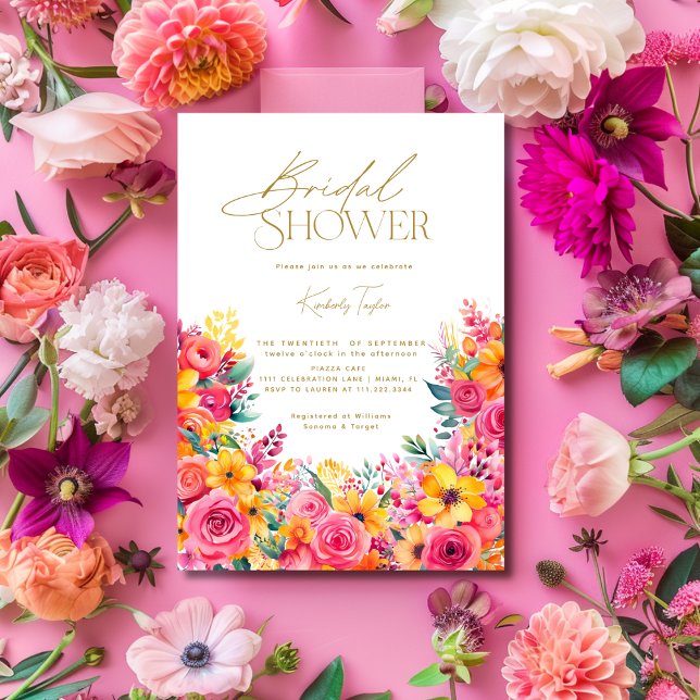 Convites Rosa Vibrante Floral Flores Brilhantes Chá de Noiv (Hot Pink Floral Bright Flowers Bridal Shower Invitation)