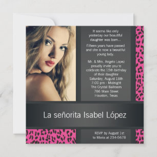 Convites Rosa Vibrante Leopardo Foto Personalizada Quincean