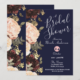 Convites Rosa Vinho Floral Azul Marinho Chá de Noiva