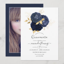 Rosa Vintage Azul Marinho e Dourado Foto Quinceañe