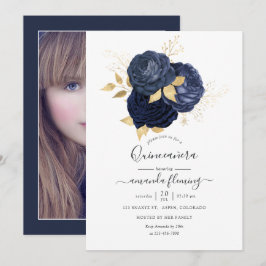 Convites Rosa Vintage Azul Marinho e Dourado Foto Quinceañe