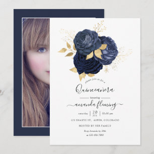 Convites Rosa Vintage Azul Marinho e Dourado Foto Quinceañe