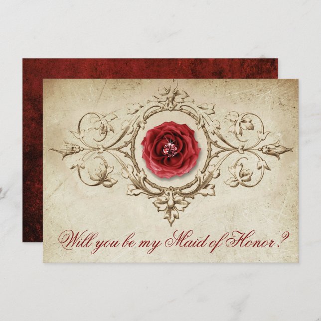 Convites Rosa | Vintage Crimson Madrinha de casamento Ask (Frente/Verso)