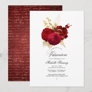 Convites Rosa Vintage Vermelha e Dourada Quinceañera