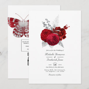 Convites Rosa Vintage Vermelha e Prata Código QR RSVP Casam