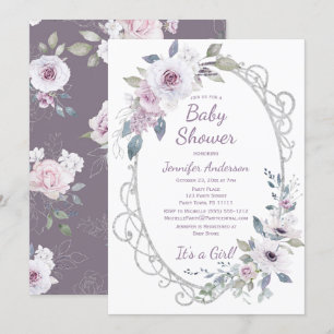 Convites Rosa Violet Floral Silver Glitter Chá de fraldas