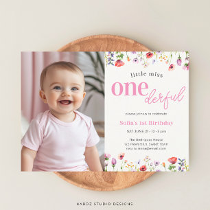 Convites Rosa Wildflower Little Miss primeiro aniversario M
