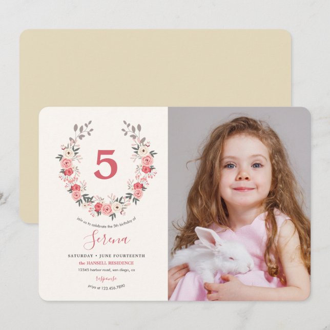 Convites Rosa Wreath Quinta Aniversário (Frente/Verso)