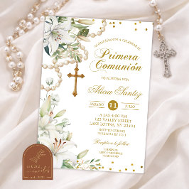 Convites Rosário Floral de Lírio Branco Católico Primera Co