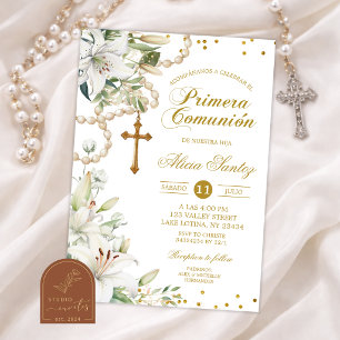 Convites Rosário Floral de Lírio Branco Católico Primera Co