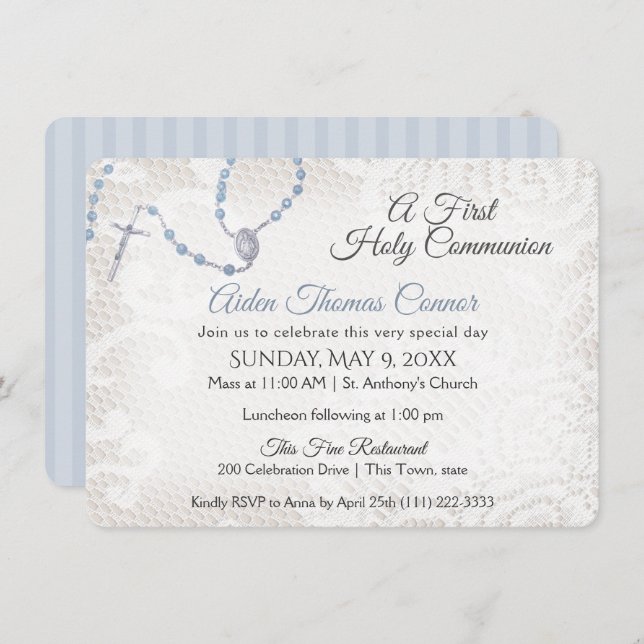 Convites Rosary e Lace First Communion Blue (Frente/Verso)