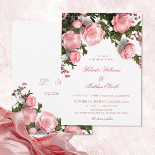 Convites Rosas 3D de casamento com folhagem cor-de-rosa ele