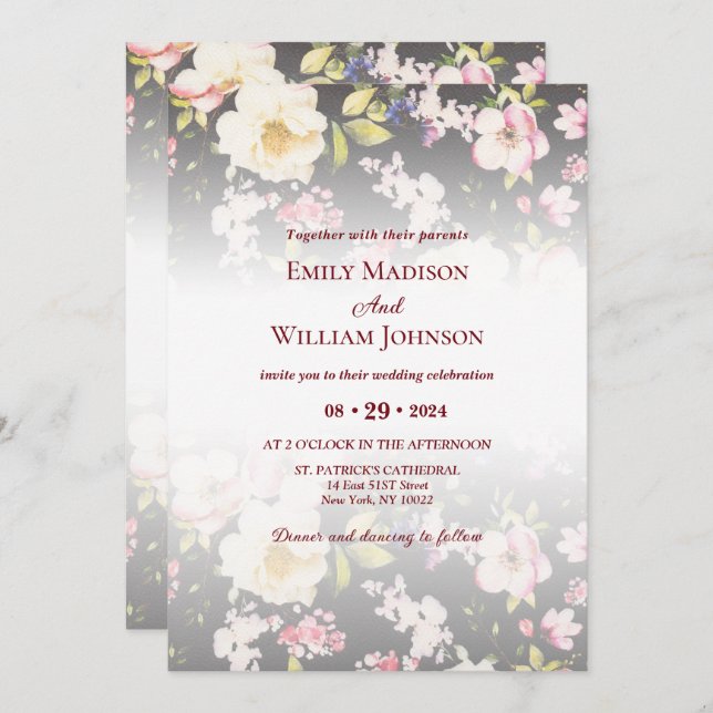 Convites Rosas Amarelas Cor-de-Água Rosa,borradas,desfocada (Frente/Verso)