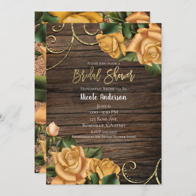 Convites Rosas Amarelas e Chá de panela de Madeira Rústica (Frente/Verso)