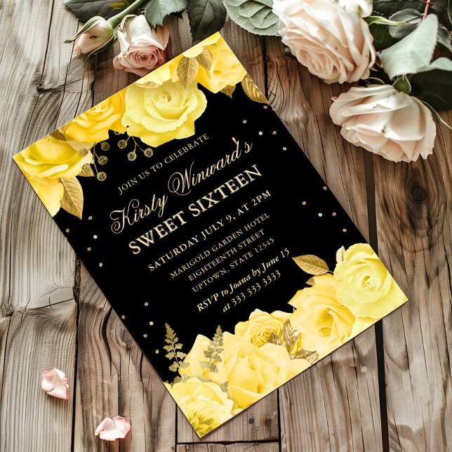 Convites Rosas Amarelas e Douradas Floral Sweet 16 (Criador carregado)