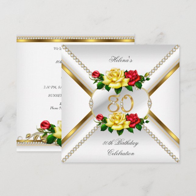 Convites Rosas amarelas Festas de aniversário, 80, de uso f (Frente/Verso)