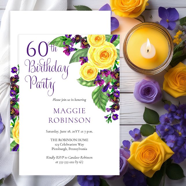 Convites Rosas Amarelas Violet 60ª Festa de aniversário Cas (Elegant Yellow Roses and Purple Violets Floral 60th Birthday Party Invitation - Print | Digital)