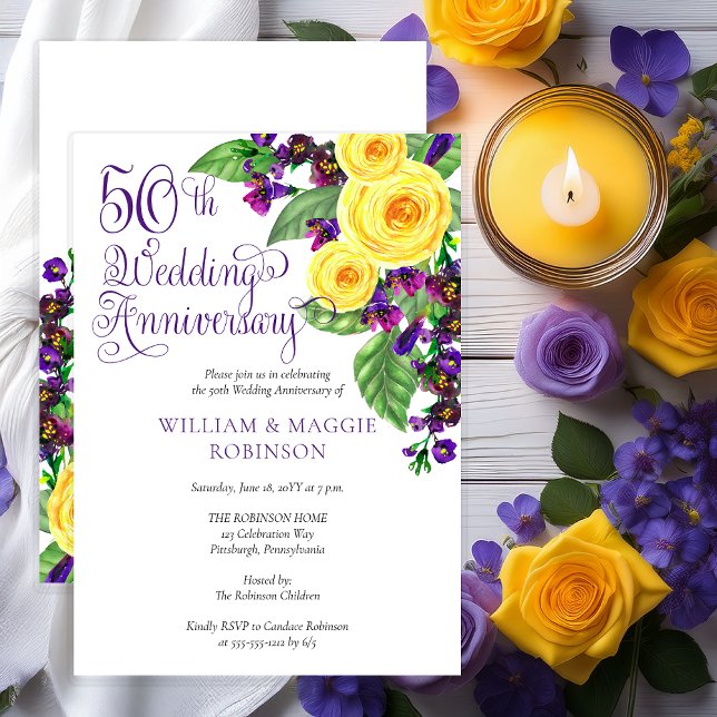 Convites Rosas Amarelas Violeta Festa de Aniversário de 50  (Elegant Yellow Roses and Purple Violets Floral 50th Wedding Anniversary Invitation - Print | Digital)