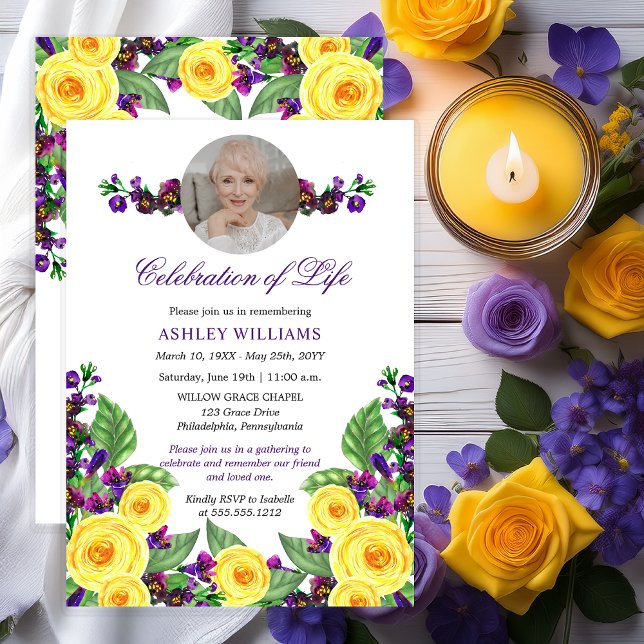 Convites Rosas Amarelas |Violetas Comemoração Floral da Vid (Elegant Yellow Roses and Purple Violets Floral 90th Celebration of Life Invitation - Print | Digital)