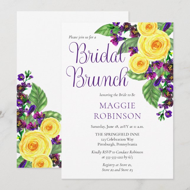 Convites Rosas Amarelas | Violets Boho Floral Bridal Brunch (Frente/Verso)