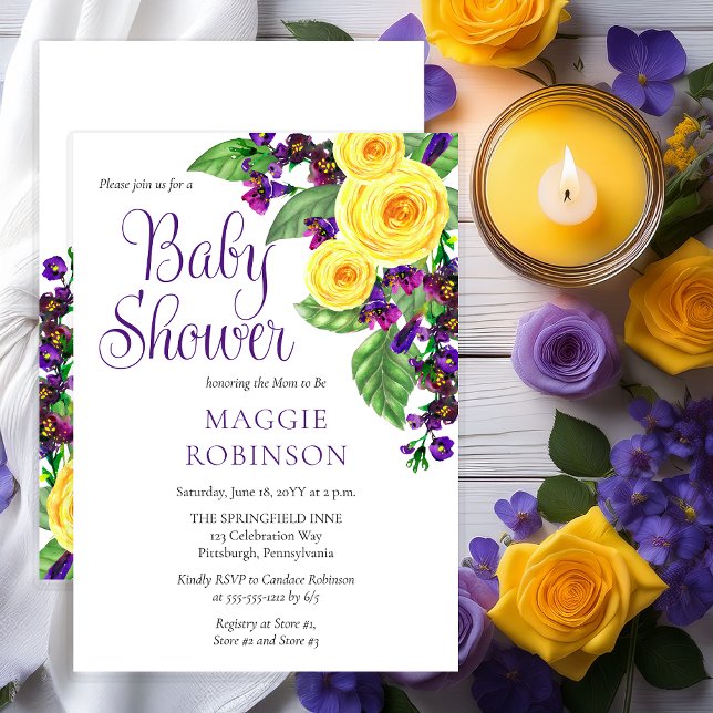 Convites Rosas Amarelas |Violets Boho Floral Girl Chá de fr (Elegant Yellow Roses and Purple Violets Floral Baby Shower Invitation - Print | Digital)