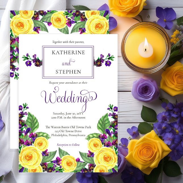 Convites Rosas Amarelas |Violets Boho Floral Wedding (Elegant Yellow Roses and Purple Violets Floral Wedding  Invitation - Print | Digital)