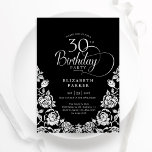 Convites Rosas aniversário de 30 anos Black Silver<br><div class="desc">Convite de festas aniversário de 30 anos elegante prata preta. Design clássico com rosas, folha prateada falsa e letra de script de tipografia. A Trendy convida o cartão perfeito para uma festa de na moda. Personalize com seus próprios detalhes. Pode ser personalizado para qualquer idade. Impressos convites Zazzle ou modelo...</div>