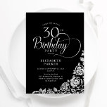 Convites Rosas aniversário de 30 anos preto Elegante simple<br><div class="desc">Simples convite de festas elegante em preto e prata. Design clássico com rosas, folha prateada falsa e letra de script de tipografia. A Trendy convida o cartão perfeito para uma festa de na moda. Personalize com seus próprios detalhes. Pode ser personalizado para qualquer idade. Impressos convites Zazzle ou modelo de...</div>