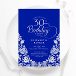Convites Rosas aniversário de 30 anos Royal Blue Silver<br><div class="desc">Convite de festas aniversário de 30 anos real azul-prateado elegante. Design clássico com rosas, folha prateada falsa e letra de script de tipografia. A Trendy convida o cartão perfeito para uma festa de na moda. Personalize com seus próprios detalhes. Pode ser personalizado para qualquer idade. Impressos convites Zazzle ou modelo...</div>