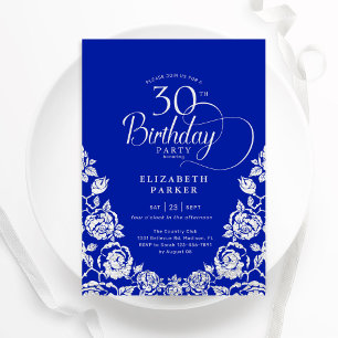 Convites Rosas aniversário de 30 anos Royal Blue Silver