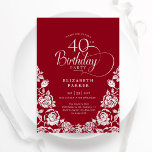 Convites Rosas aniversário de 40 anos Red Silver<br><div class="desc">Convite de festas aniversário de 40 anos elegante prata vermelha. Design clássico com rosas, folha prateada falsa e letra de script de tipografia. A Trendy convida o cartão perfeito para uma festa de na moda. Personalize com seus próprios detalhes. Pode ser personalizado para qualquer idade. Impressos convites Zazzle ou modelo...</div>