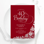 Convites Rosas aniversário de 40 anos Red Silver Elegante S<br><div class="desc">Simples convite de festas elegante em vermelho e prata. Design clássico com rosas, folha prateada falsa e letra de script de tipografia. A Trendy convida o cartão perfeito para uma festa de na moda. Personalize com seus próprios detalhes. Pode ser personalizado para qualquer idade. Impressos convites Zazzle ou modelo de...</div>