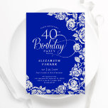 Convites Rosas aniversário de 40 anos Royal Blue Silver Ele<br><div class="desc">Convite de festas de aniversário de 40 anos floral azul real. Design elegante com rosas, folha de falso prata e letra de script de tipografia. A Trendy convida o cartão perfeito para uma festa de na moda. Pode ser personalizado para qualquer idade. Personalize com seus próprios detalhes. Impressos convites Zazzle...</div>