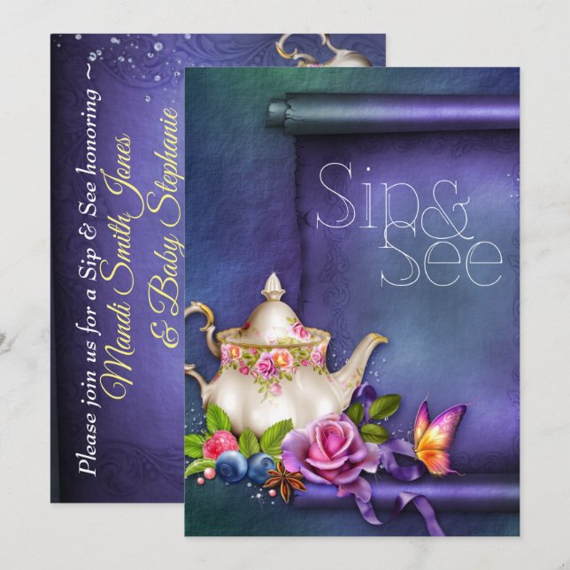Convites Rosas antigos em inglês, Tea Party Sip & See Chá d (Frente/Verso)