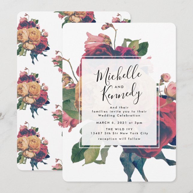 Convites Rosas Antigos Vintage Bohemian Invitation (Frente/Verso)