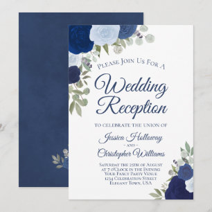 Convites Rosas Aquarela Azul Recepção de Casamento Elegante