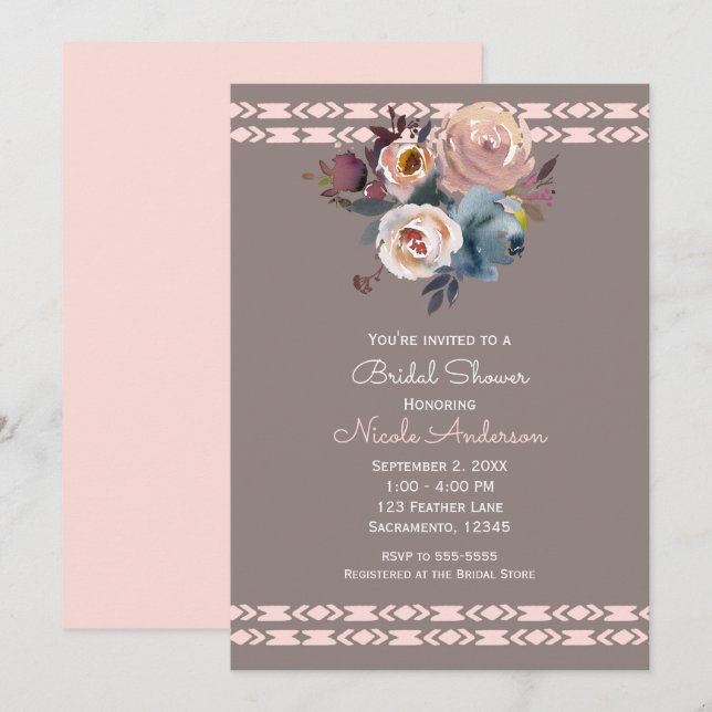 Convites Rosas Aquarela Boho Rosa Bege Chá de Bebê (Frente/Verso)