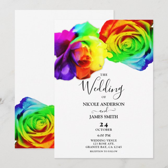 Convites Rosas Arco-Íris Coloridas Floral Ousada Casamento  (Frente/Verso)
