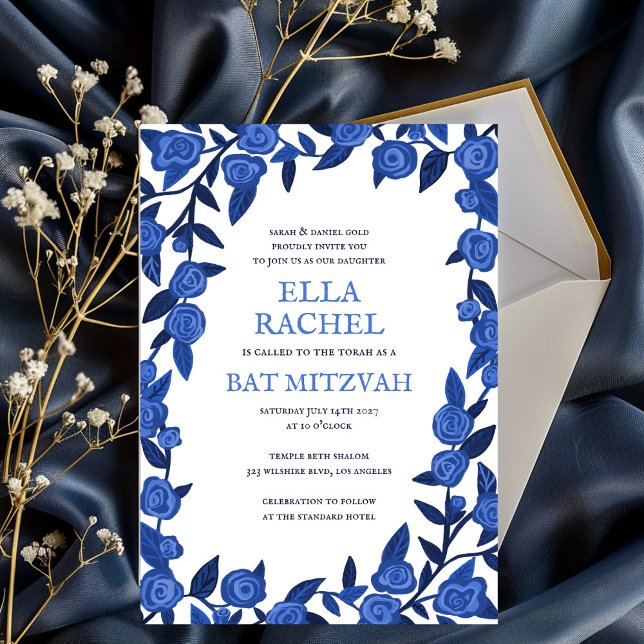 Convites Rosas Azuis - Bar Mitzvah Moderna - Personalizado (Blue Roses Bat Bar Mitzvah Modern Girl Custom Invitation
)