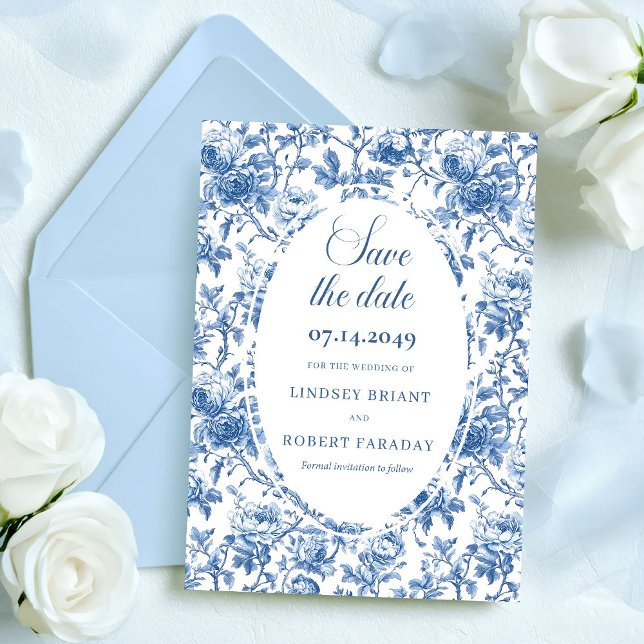 Convites Rosas Azuis Clássicas Toile Salva a Data Casamento (Classic Blue Roses Toile Save the Date Wedding Card)