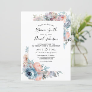 Convites Rosas Azuis Cor de Água Casamento Floral Cor de Ág