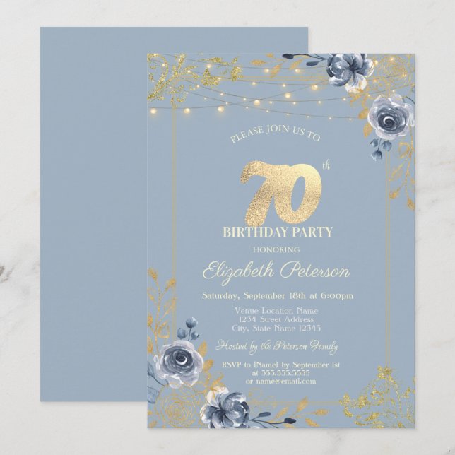Convites Rosas Azuis Cordas Luzes Azuis Dusty 70 Aniversári (Frente/Verso)