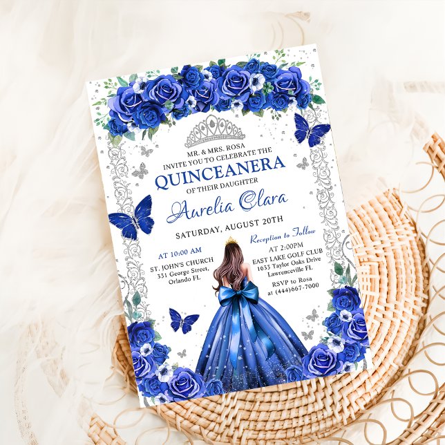 Convites Rosas Azuis da Quinceañera Flores Princesa Borbole (Criador carregado)