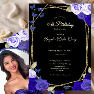 Convites Rosas Azuis Douradas e Pretas Elegantes para Debut